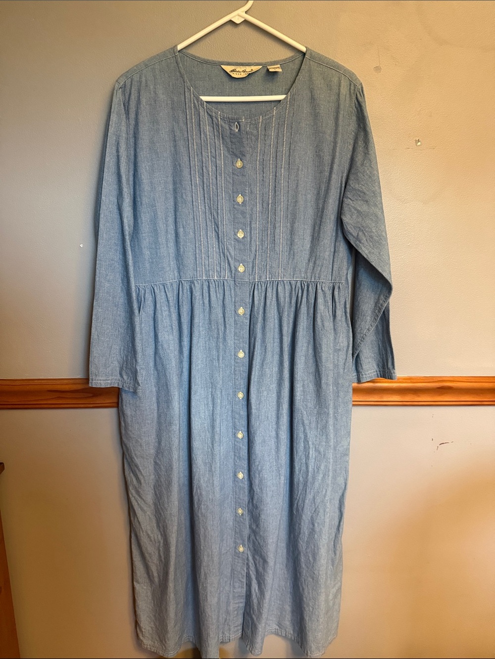 VTG Eddie Bauer Denim Look Pintuck Maxi Dress PL Cottagecore Boho Pockets
